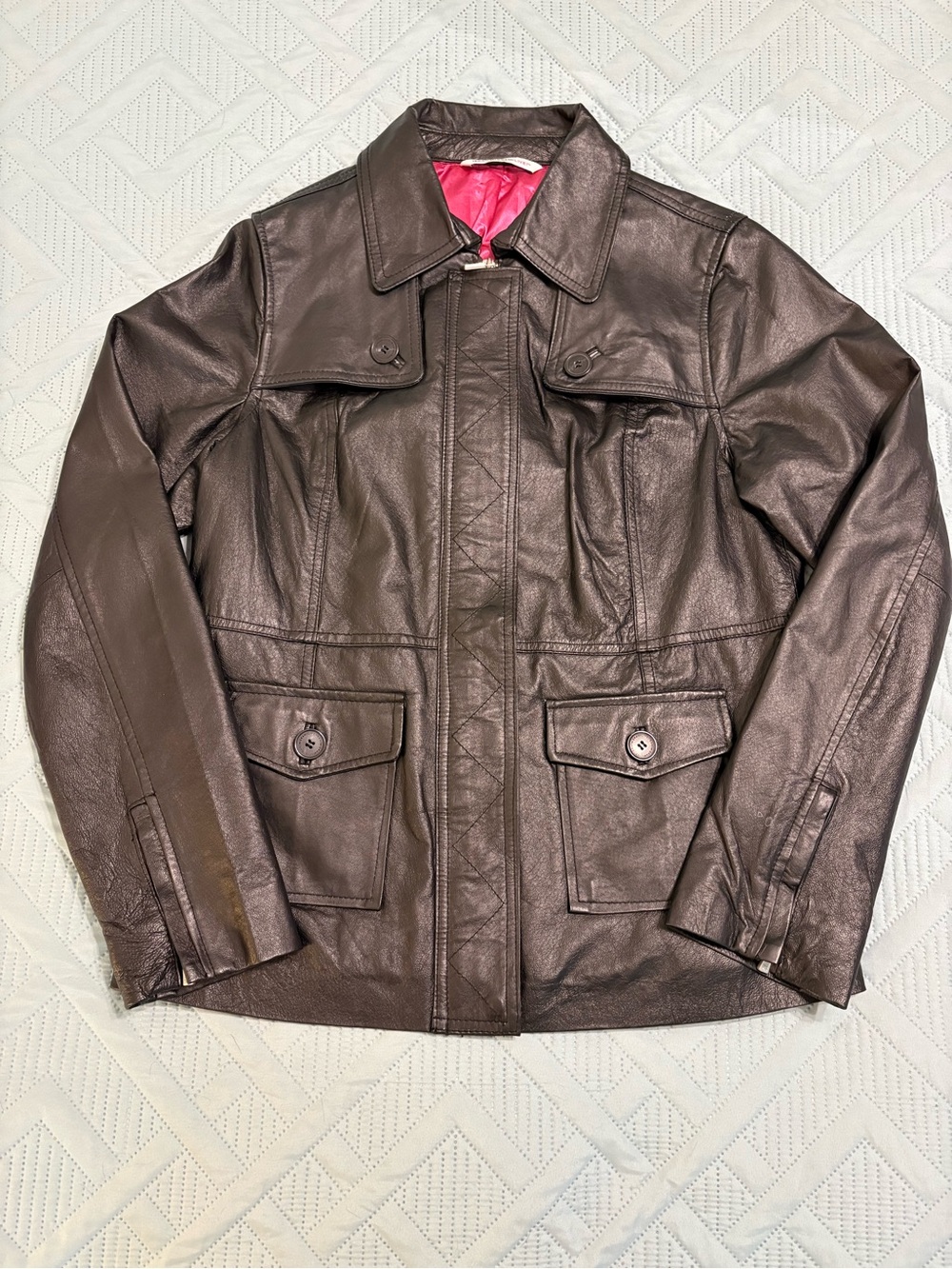 Isaac Mizrahi Live! Genuine Leather Jacket Black Pink Lining Grunge Size Small
